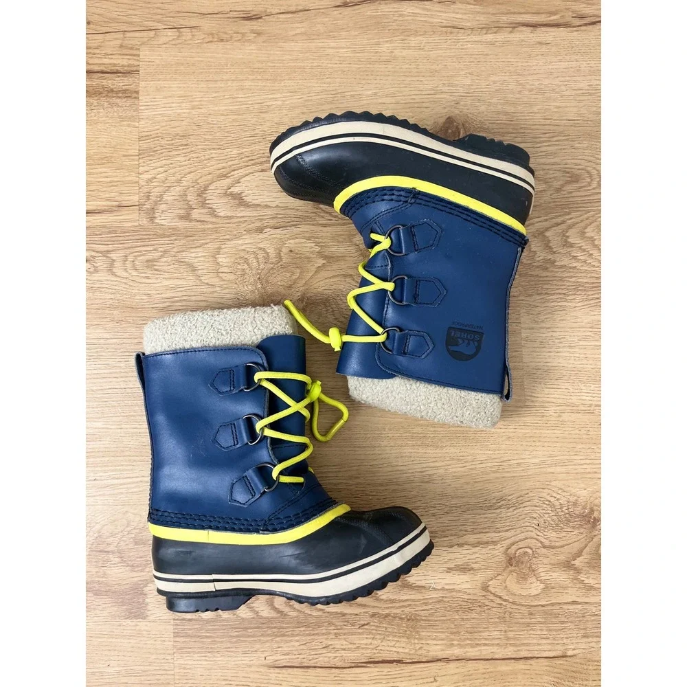 Sorel Winter Waterproof Snow Boots Kids 1 Navy Blue Yellow Yoot Pac NY1443-591